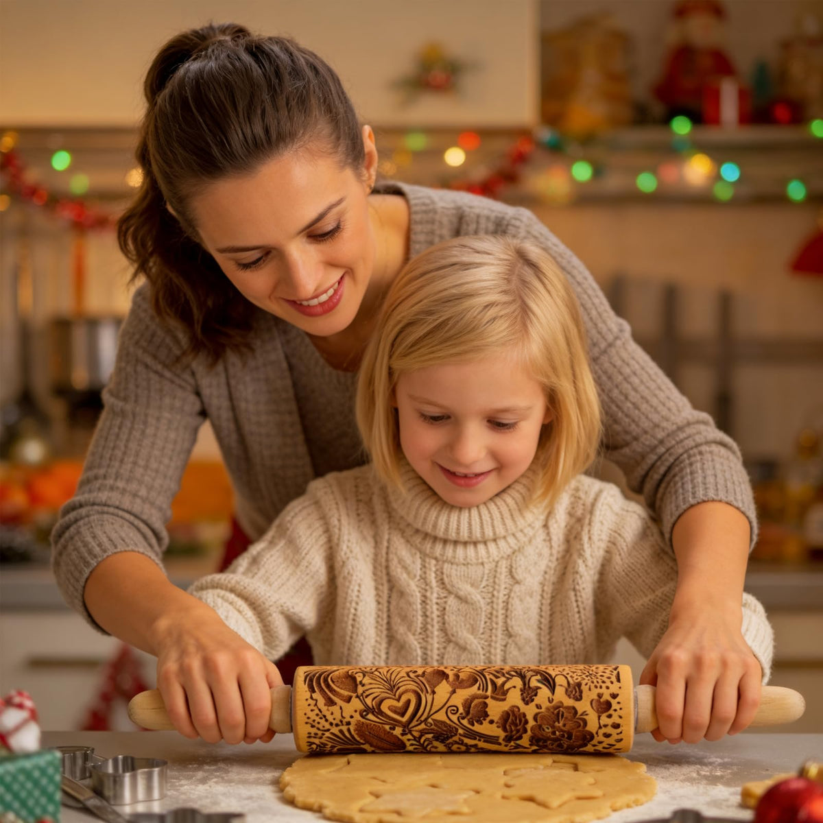 2 Pack Wooden Embossed Rolling Pin with Handles, Hardwood Dough Roller with Engraved Patterns, Kitchen Essential for Baking Pizza, Pies, Pastry, Cookies & Decorative Dough