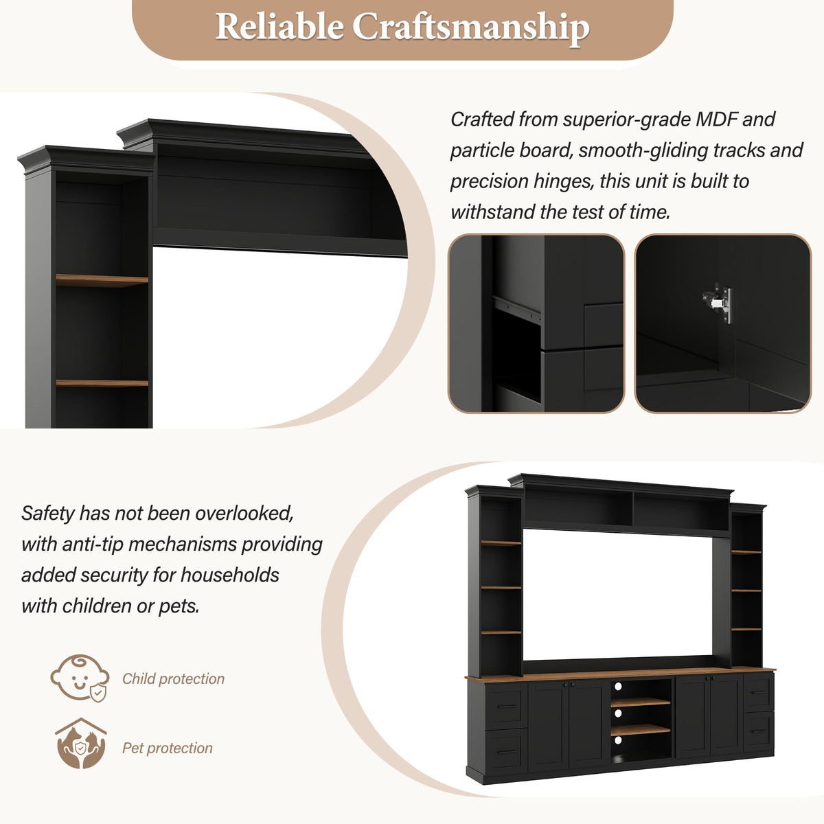 Merax 4-in-1 Wall Unit Entertainment Center with Bookshelf for TVs Up to 70", Farmhouse Large TV Stand with Walnut Adjustable Shelves, Elegant Retro Media Console with Drawers for Living Room, Black