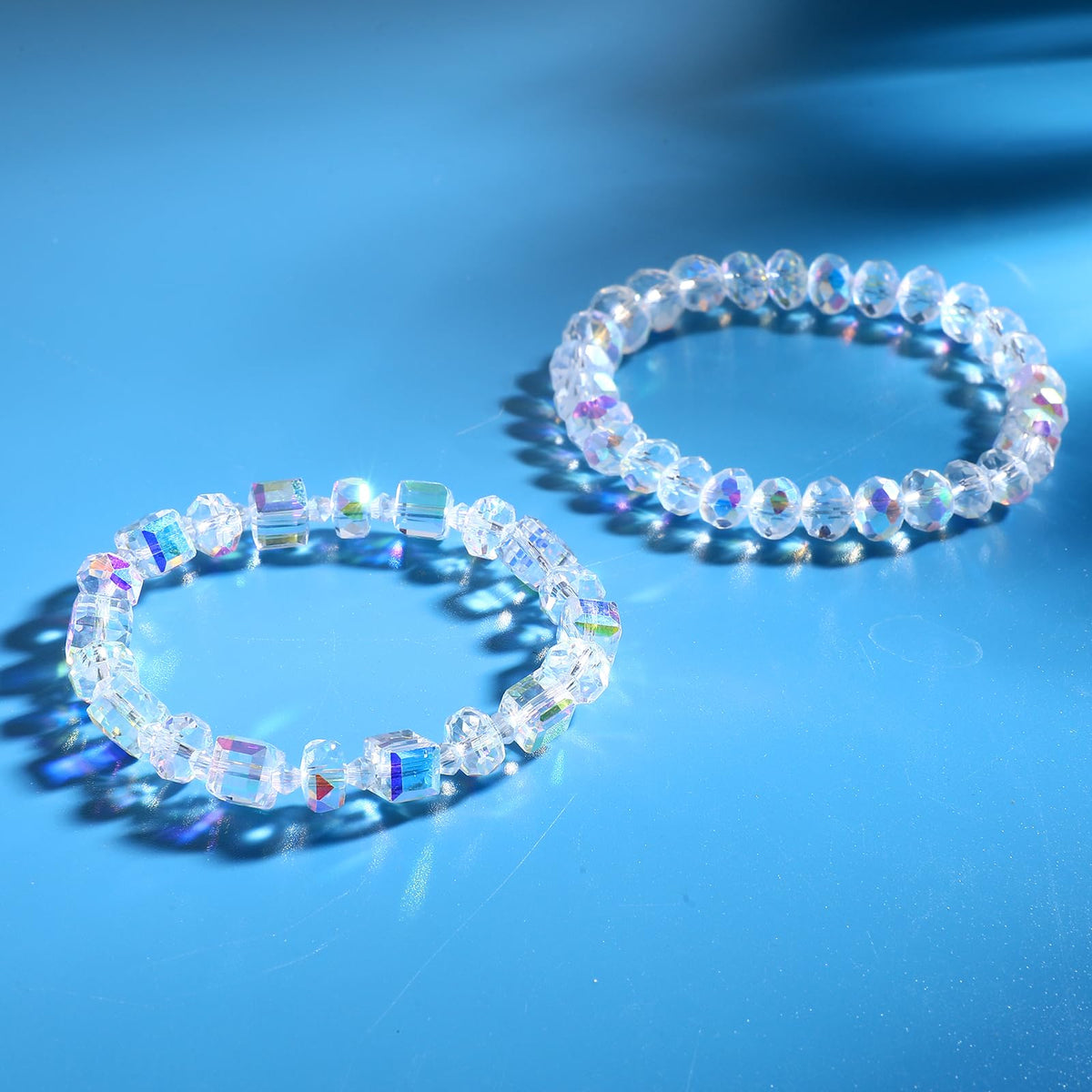 YUXIANLB 2PCS Beaded Stretch Bracelet Set for Women Austrian Crystal Stretch Bracelets Rainbow Aurora Borealis Jewelry Rainbow Reflective Crystal Chain for Birthdays Valentines Retirements