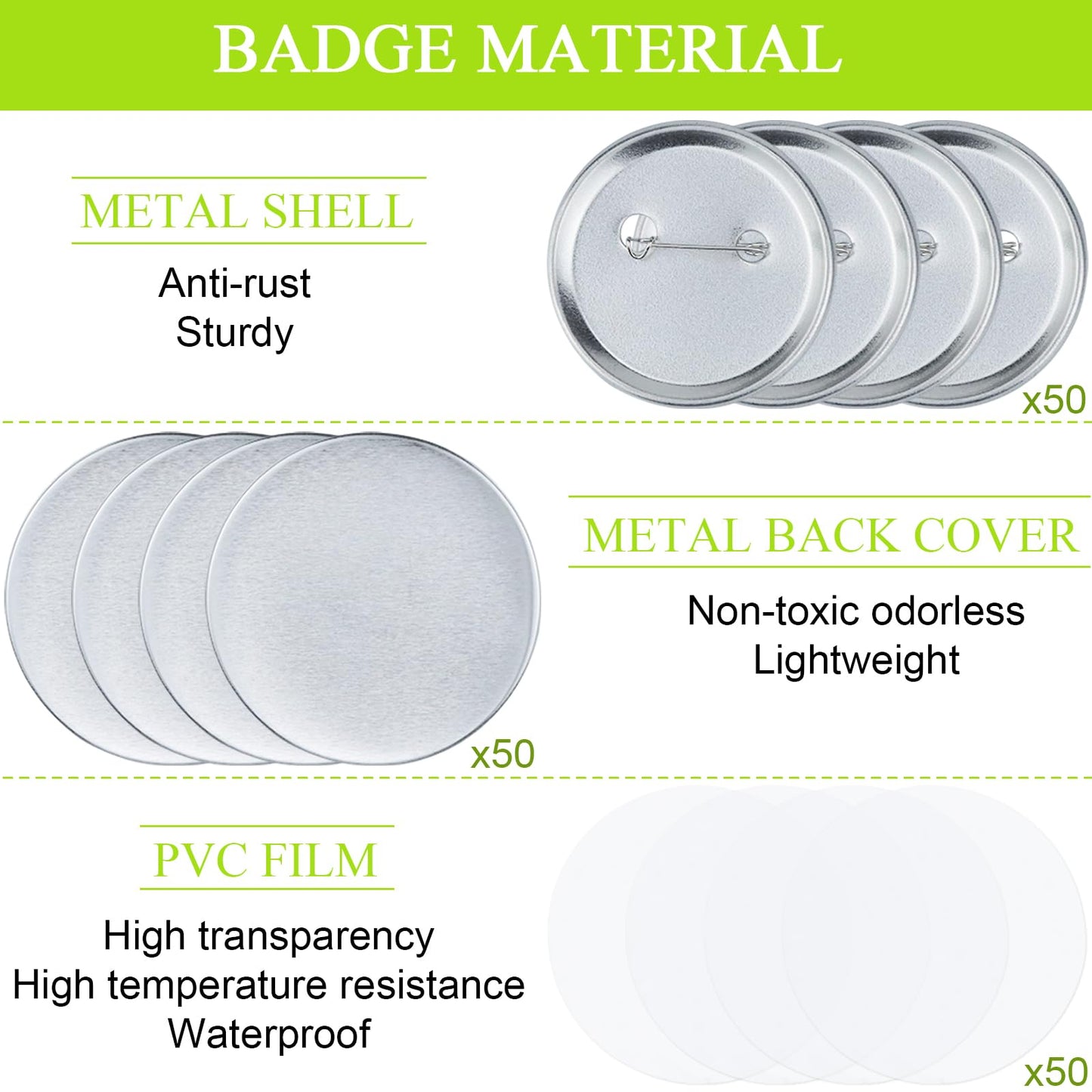 150 Pcs 58mm/2.28inch Blank Buttons Making Supplies Badge Parts, Round Button Pin Badge Blanks Set for Button Maker Machine, Includes Metal Buttons Pin Back Cover, Metal Cover & Clear Film (50 Set)