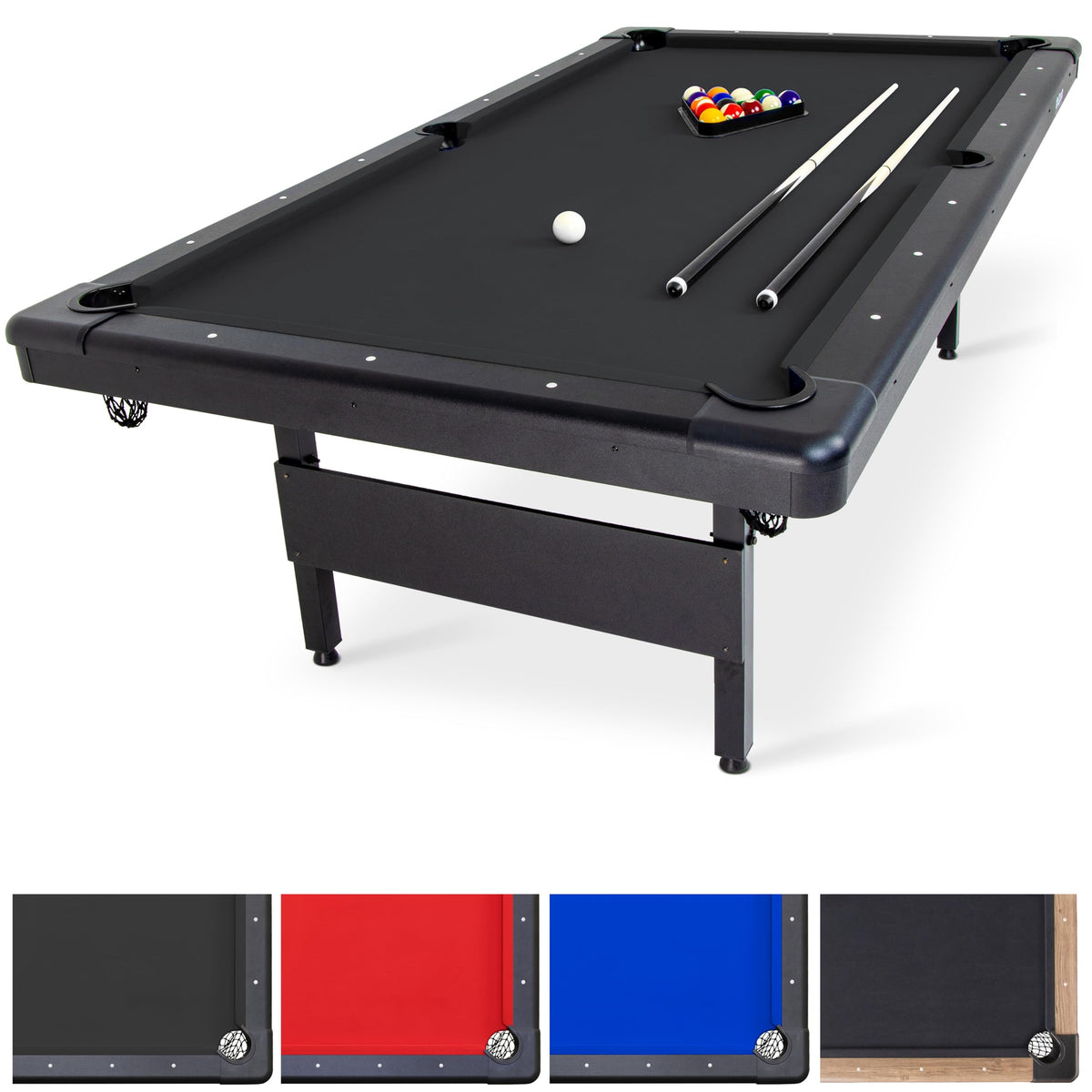 GoSports Full Size 8 ft x 4.2 ft Billiards Game Table - Foldable Design, Includes Full Set of Pool Balls, 2 Cue Sticks, Chalk, and Felt Brush - Black