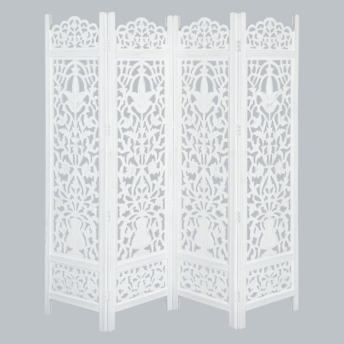 Lightnpro 4-Panel Wooden Room Divider 72"×72" - Hand-Carved Floral Folding Privacy Screen | Pre-Assembled Large Decorative Partition for Living Room, Bedroom, Office & Boho Home Décor - Antique White
