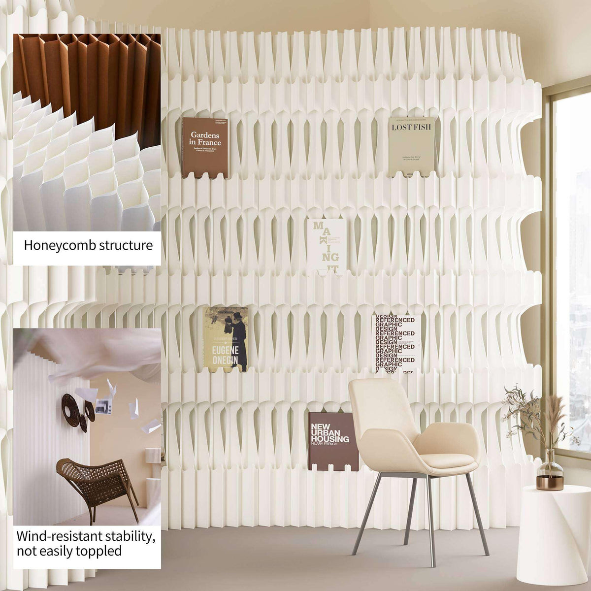 Paper Room Divider with Shelves Folding Room Divider Portable Room Partition Foldable Temporary Wall Retractable Folding Screen for Home, Office, Studio, Exhibition