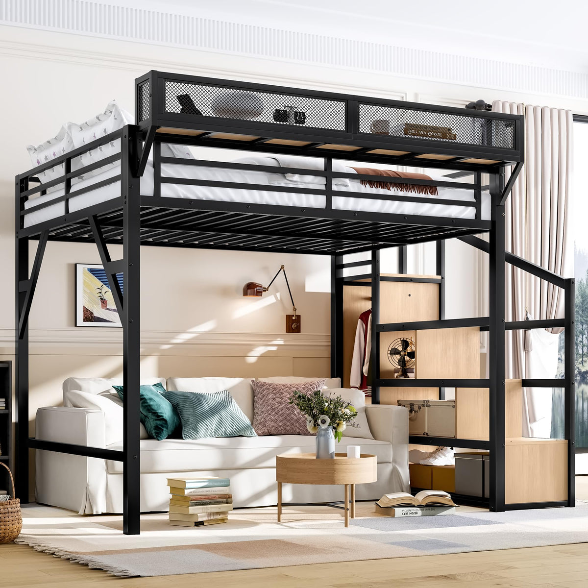 KEIKI Queen Loft Bed with Storage Stairs for Adults，Heavy Duty Bunk Beds with Shelves, Wardrobe, Metal Bedframe with USB Ports for Bedroom, Natural