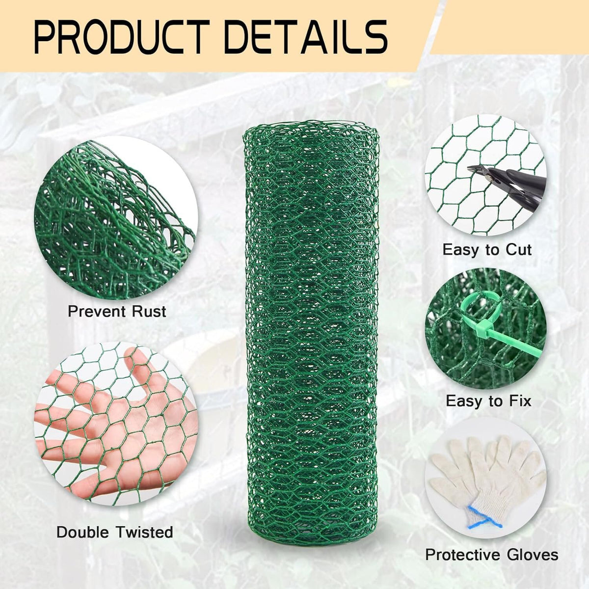 Chicken Wire 15.7in x 118in with a Pair of Gloves，1 Wire Cutter，50 Pcs Cable Zip Ties, Floral Chicken Wire Mesh 0.8in Hexagonal Galvanized PVC Coated Garden Netting Fence for Craft Poultry Garden