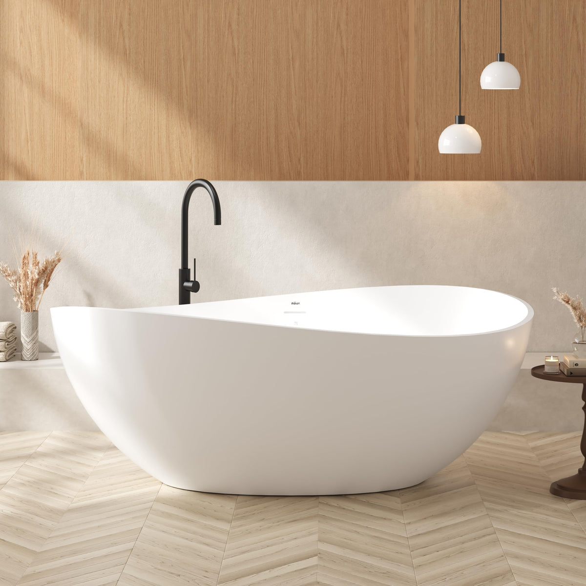 FerdY Lamu 63" Stone Resin Freestanding Bathtub, Gracefully Shaped Freestanding Bathtub, Solid Surface Soaking Tub, Matte White, cUPC Certified, Pop-up Drain and Integrated Slotted Overflow