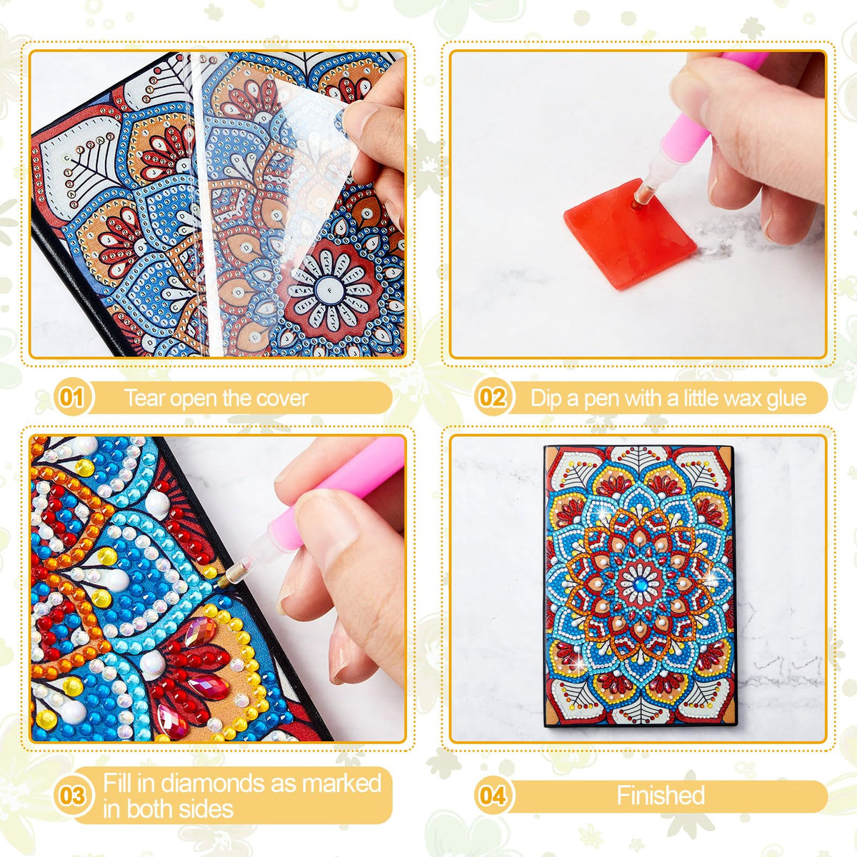 Fulmoon 4 Pcs A5 Diamond Painting Notebook Kits with Tools 5.8 x 8.3 Inch DIY 5d Art Cover Crystal Sketchbook Notepad for Teenagers' Birthdays, Graduation Crafts Gift Drawing Painting(Mandala Style)