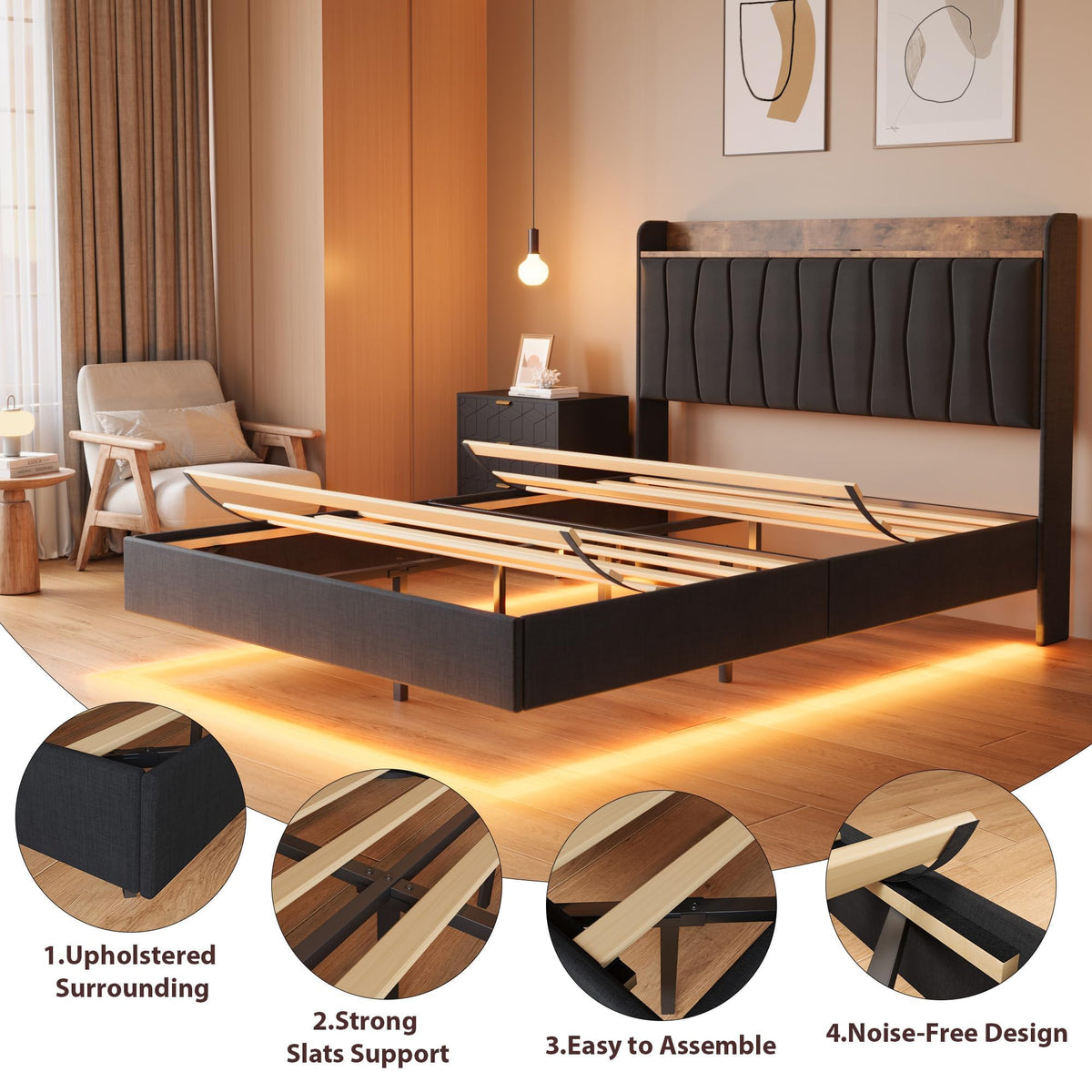 GAOMON Floating King Size Bed Frame with Upholstered Storage Headboard, Platform Bed Frame with LED Lights & Charging Station, Wood Slats Support, No Box Spring Needed, Black
