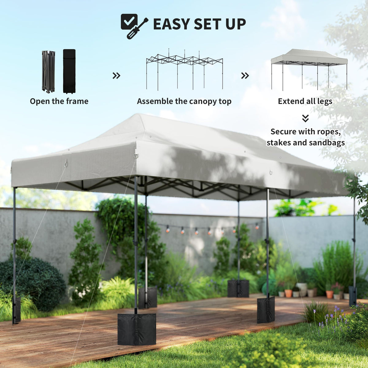 Outsunny 10 x 20 ft Pop Up Canopy Tent, Heavy Duty UPF50+ Outdoor Portable Instant Canopy Shelter with Wheeled Carry Bag, Sandbags, Adjustable Height for Parties, Events, Camping, White