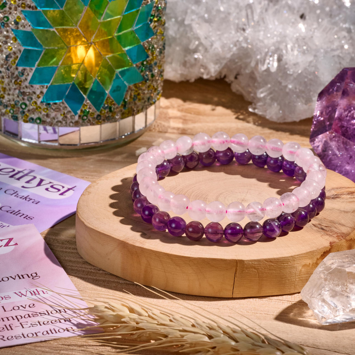 Bivei 2-Piece 8mm Beaded Bracelets for Women – Amethyst, Rose Quartz – Handmade Natural Crystal Stretch Elastic Jewelry for Meditation, Yoga, Protection Gifts