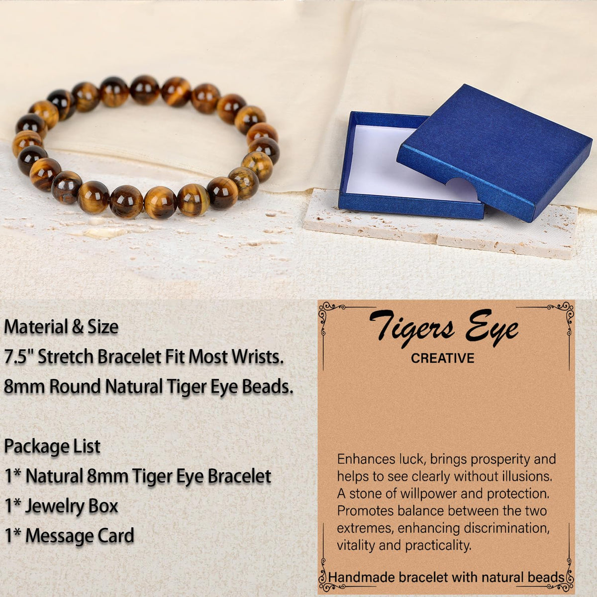 LPBeads Handmade Natural Gemstone Stretch Elastic 8mm Yellow Tiger's Eye Bracelet Healing Crystal Round Stone Beads Jewelry Gifts for Women Men