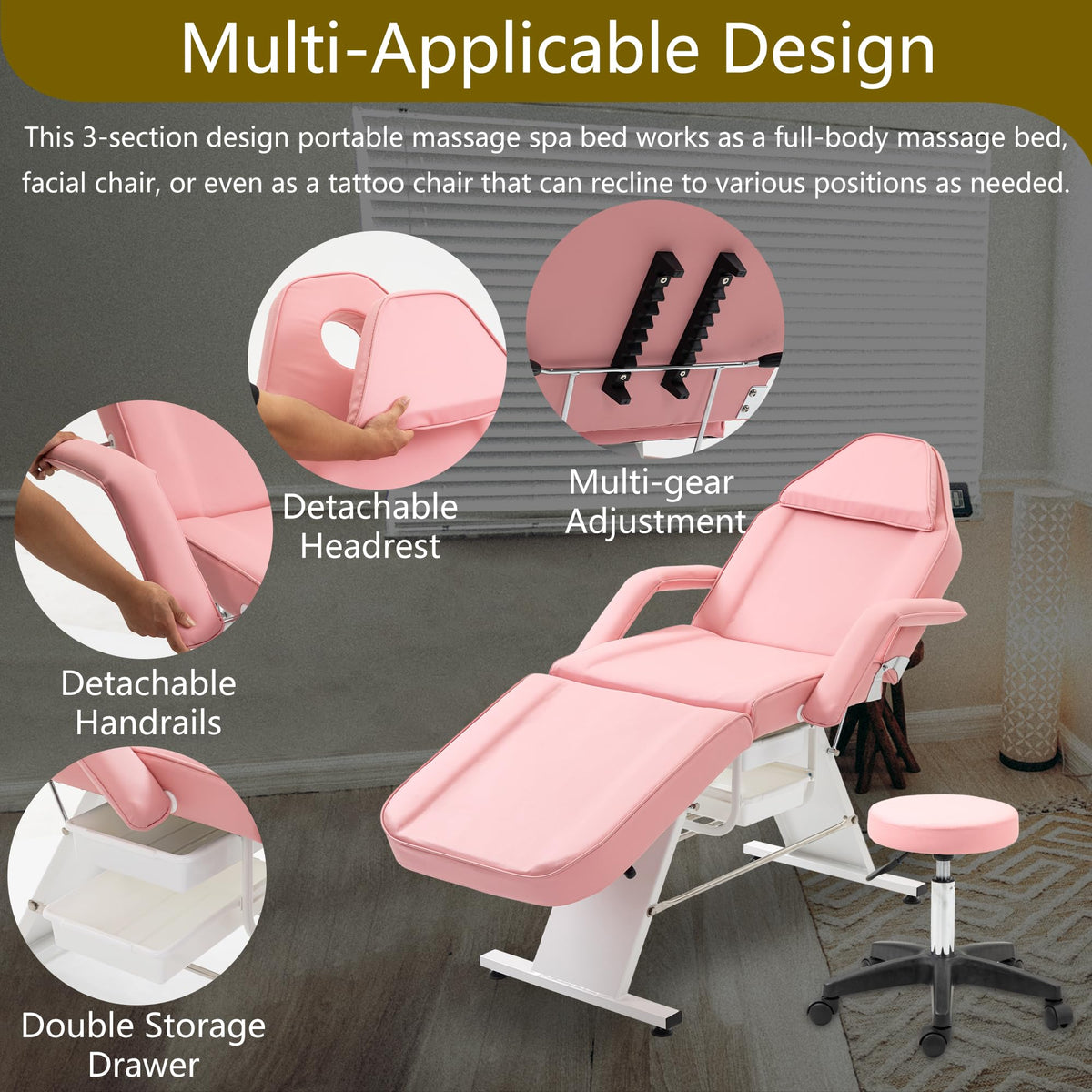 Massage Salon Tattoo Chair with Two Trays Esthetician Bed with Hydraulic Stool,Multi Purpose 3 Section Facial Bed Table, Adjustable Beauty Barber Spa Beauty Equipment, Pink