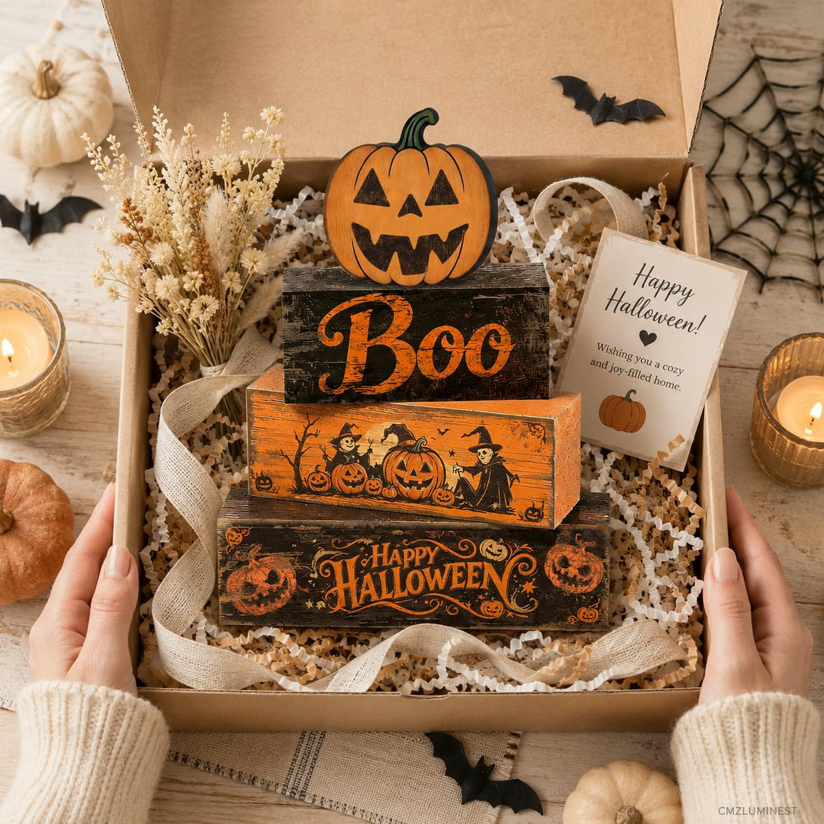 4 Pcs Halloween Decorations Scary Pumpkin Wooden Signs Farmhouse Rustic Tiered Tray Decor Boo Happy Halloween Tabletop Centerpiece for Home Kitchen Shelf Mantel