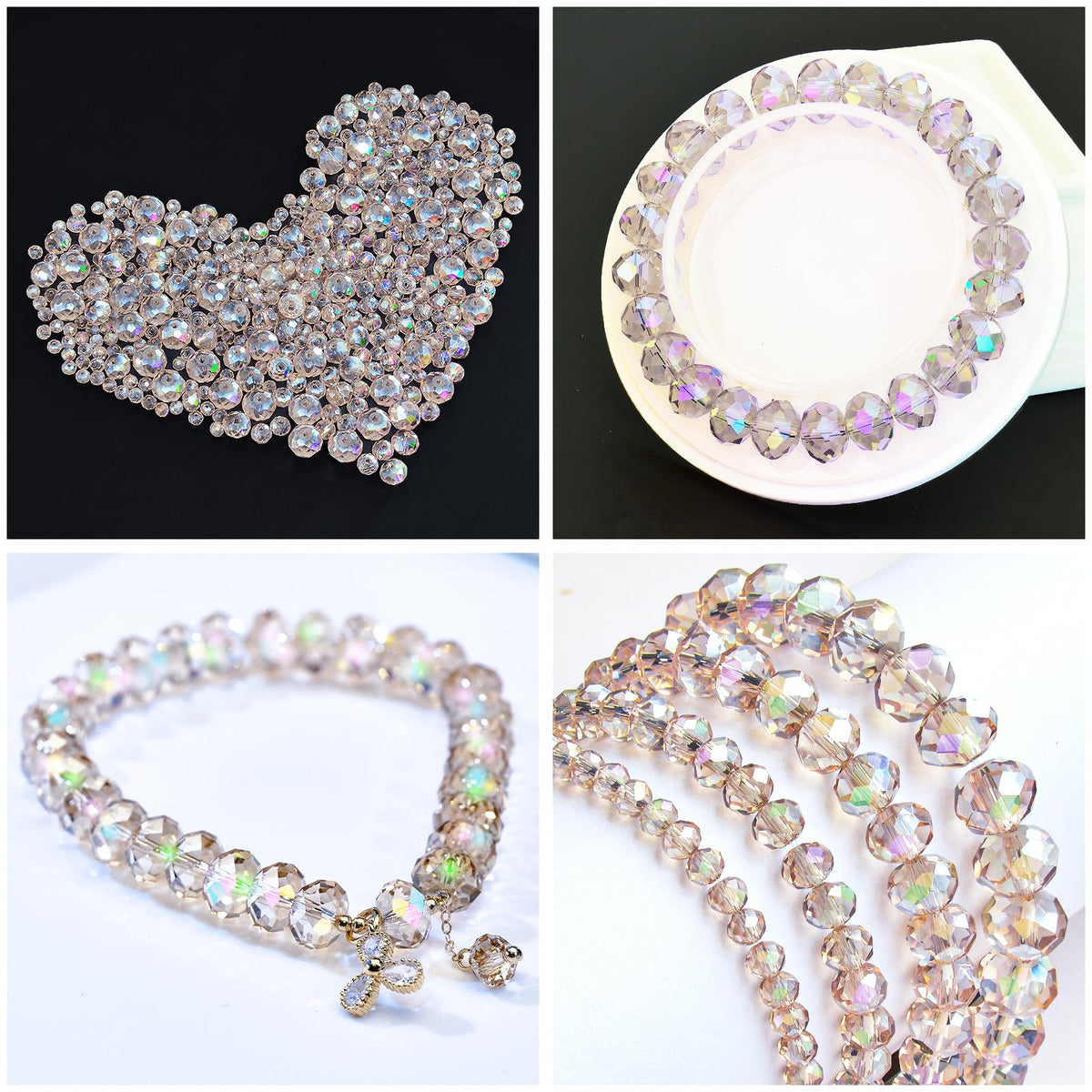Laopottbeads 800Pcs 4/6/8/10mm Crystal Glass Beads for Jewelry Making Beads for Bracelets Necklace Pendants Making Supplies(Silver Champagne)