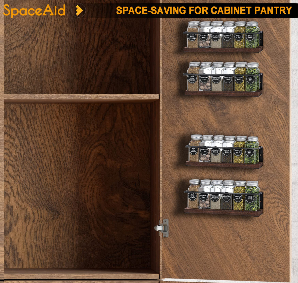 SpaceAid Spice Rack with 24 Spice Jars, 386 Spice Labels, Chalk Marker and Funnel, Wood Hanging Seasoning Shelf for Cabinet Door or Wall Mount (4 Pack)