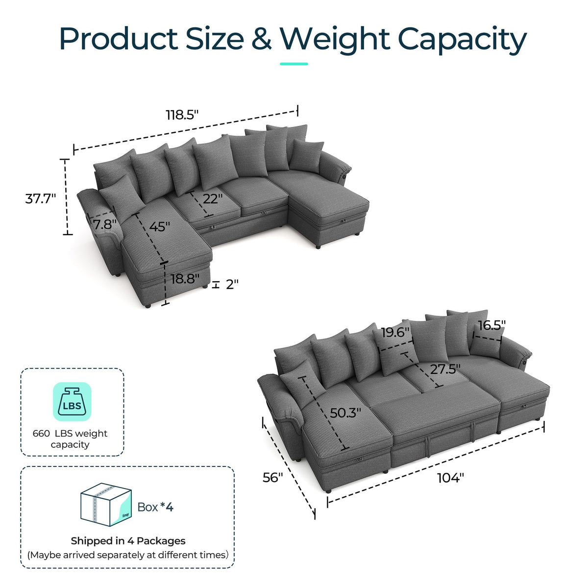 LINSY HOME Oversized Sectional Sleeper Sofa with Pull Out Couch Bed (Gray, 118.5'')