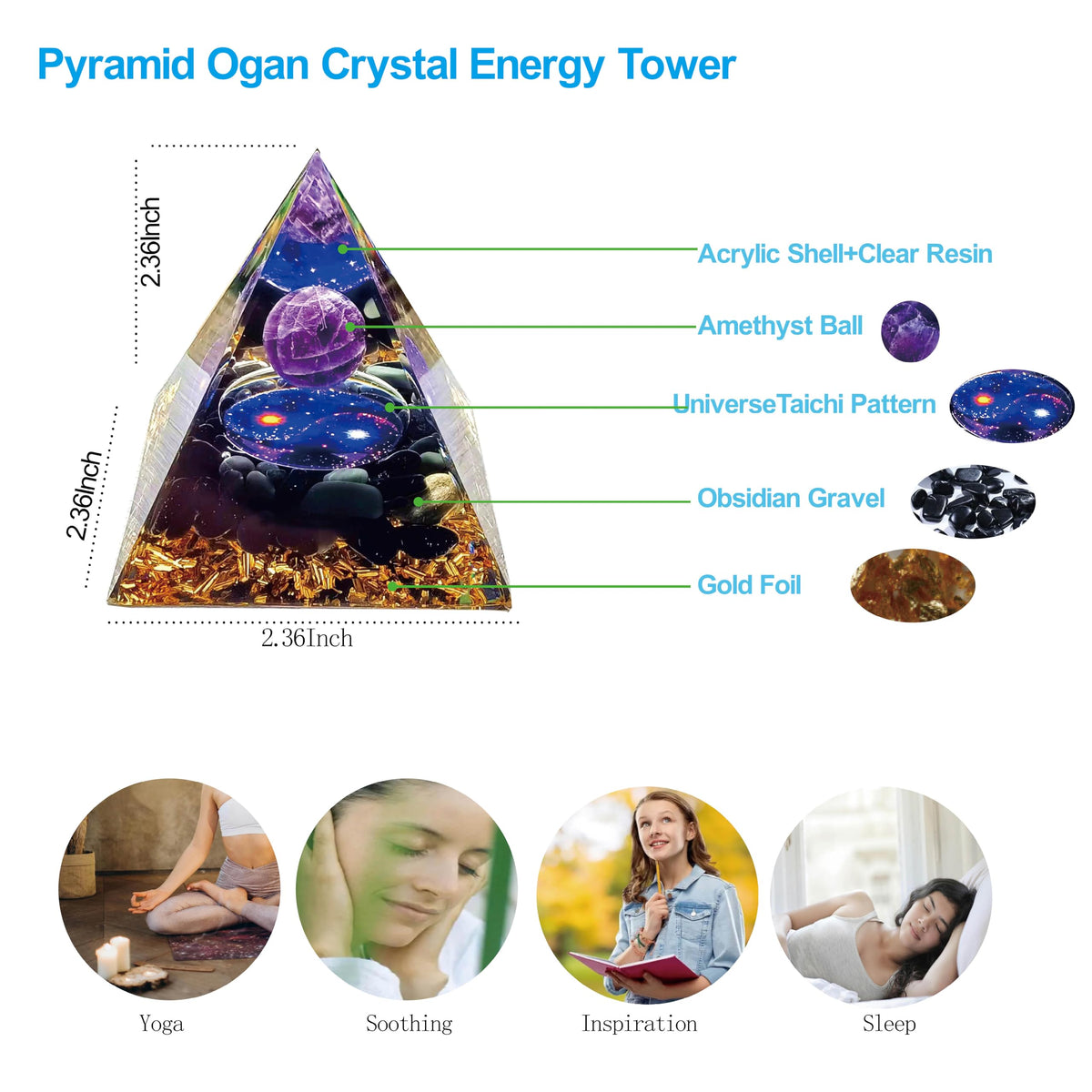 ycyingcheng Moonstone Crystal Orgone Pyramid Ogan Crystal Energy Tower, Nature Reiki Chakra Crushed Stone Jewelry, Crystal Pyramid for Home Decor (Taichi Starry Sky)
