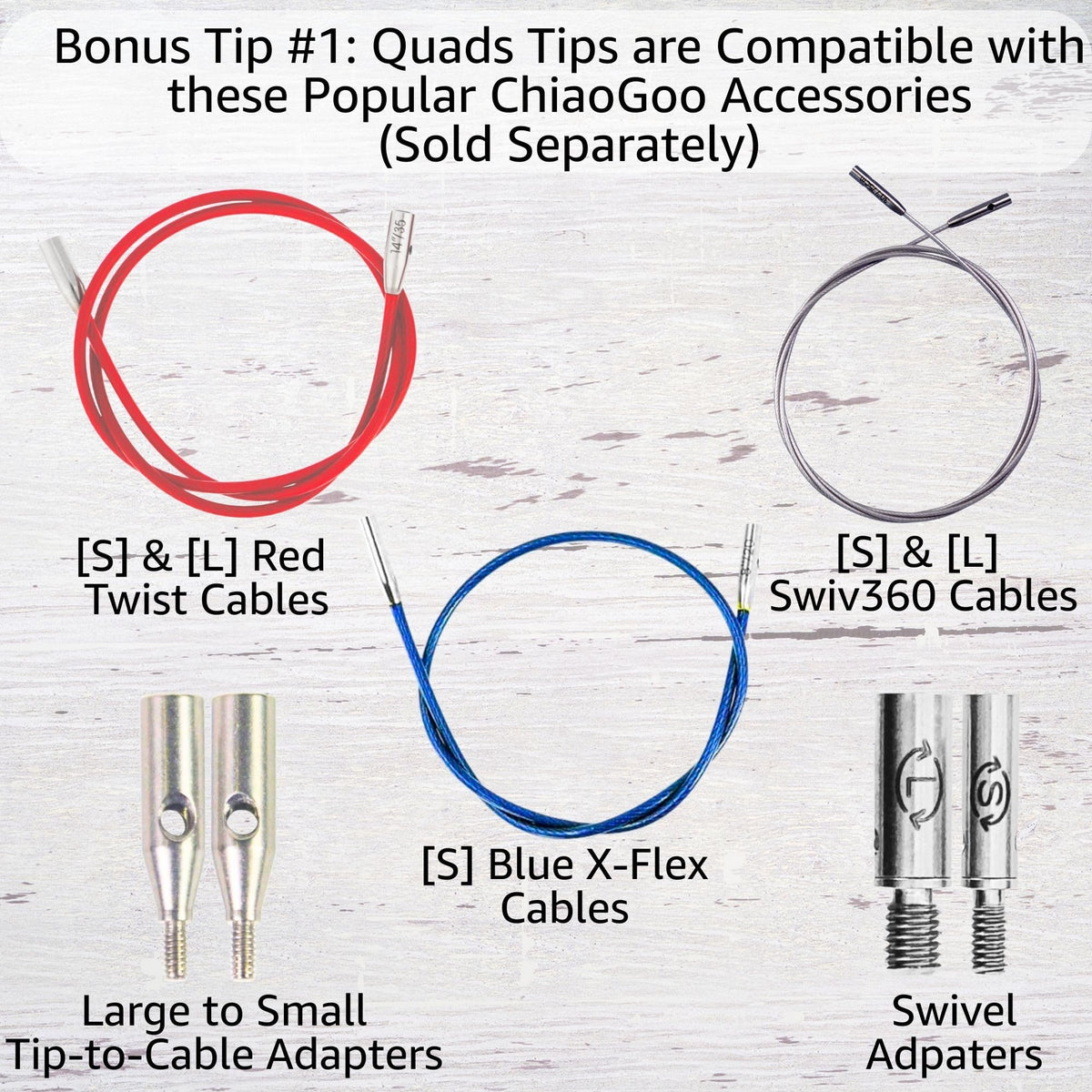 ChiaoGoo Quads 5 in. (13cm) US 8 (5 mm) Interchangeable Circular Knitting Needle Tips Stainless Steel [S] (uses Small Cables) with Stitch Holder