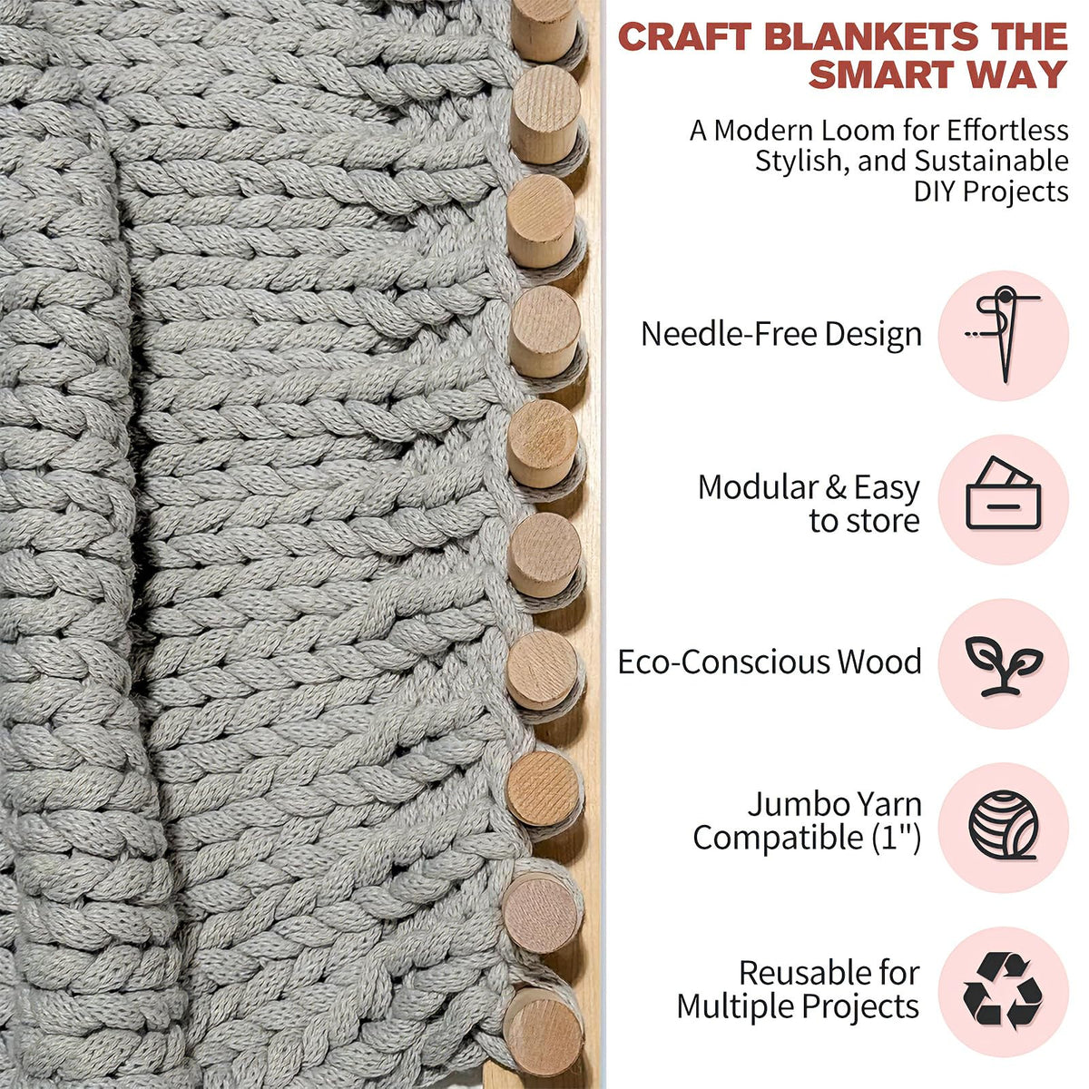 46 Inch Chunky Knitting Blanket Loom - Wooden Knitting Loom Frame for Hand, Thick Yarn Knitting Tools for Beginner, Foldable and Portable Chunky Blankets Extra Large Loom