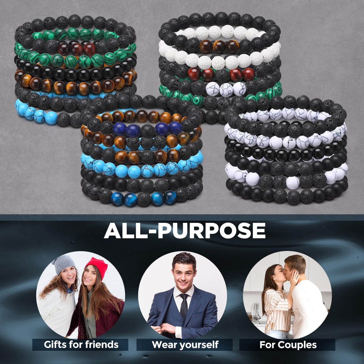 Landical 24 Pcs 8 mm Natural Stone Beads Bracelet Set Tiger Eye Men Stretch Lava Adjustable Onyx Matte Beads Essential Oil Diffuser Bracelet for Men Women Jewelry Gifts
