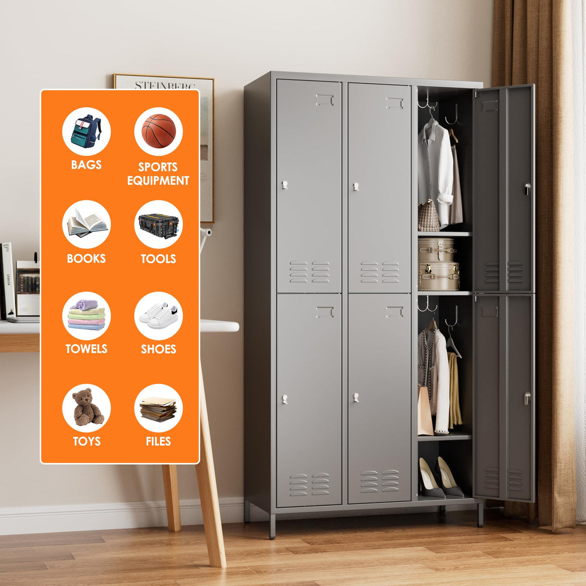 6 Door Metal Storage Locker for Employees,Heavy Duty Steel School Locker with Adjustable Shelves and 18 Hooks,Metal Lockers for Office,Gym,Home,72"H x 35.4"W x 15.75"D,Dark Grey,Assembly Required