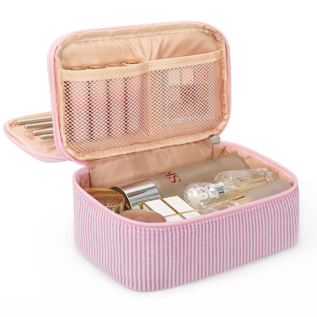 Relavel Cute Makeup Bag for Girls, Portable Pink Cosmetic Bag, Dual-layer Makeup Pouch with Brush Holder, Multi-Functional Preppy Toiletry Organizer for Travel, Daily Use - Pink Strip