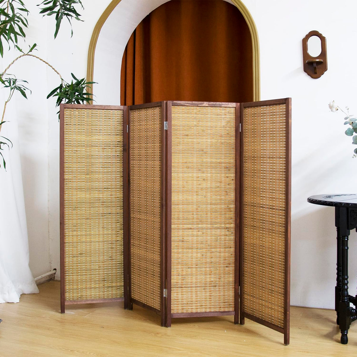 Pawlabay 4 Panel Short Panel Divider Screen,3.95 FT Tall Bamboo Room Divider Folding Privacy Screen,Short Panel Divider Freestanding Room Divider for Room Seperation,Brown
