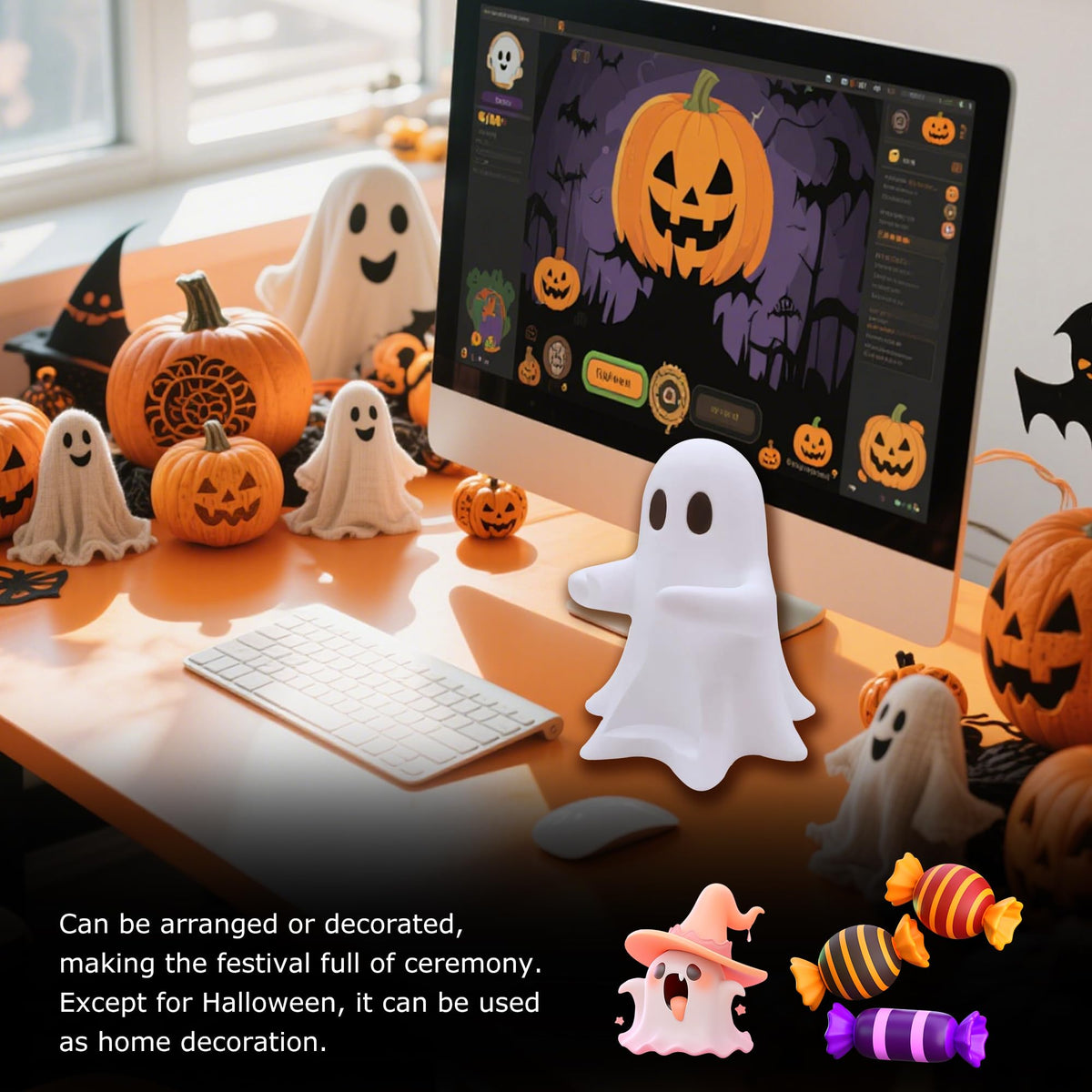 Bokynu Ghost Figurine Holding Coke Table Decor, Replaceable Can Holder Halloween Cute Desktop Ghost Statue Decoration, Fun and Practical