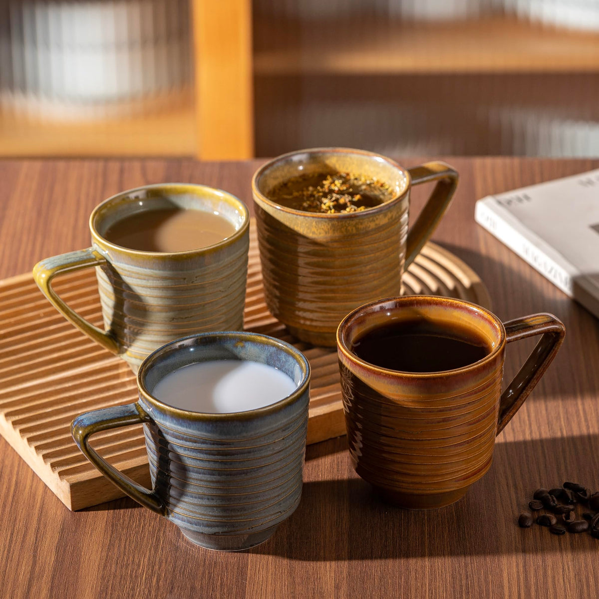 Noevany Ceramic Mugs Set of 4, Mug for Coffee Milk Latte Cappuccino Tea, Office Home Dishwasher Microwave Freezer Safe Stoneware Mixed Cup Mug 13 oz Coil A