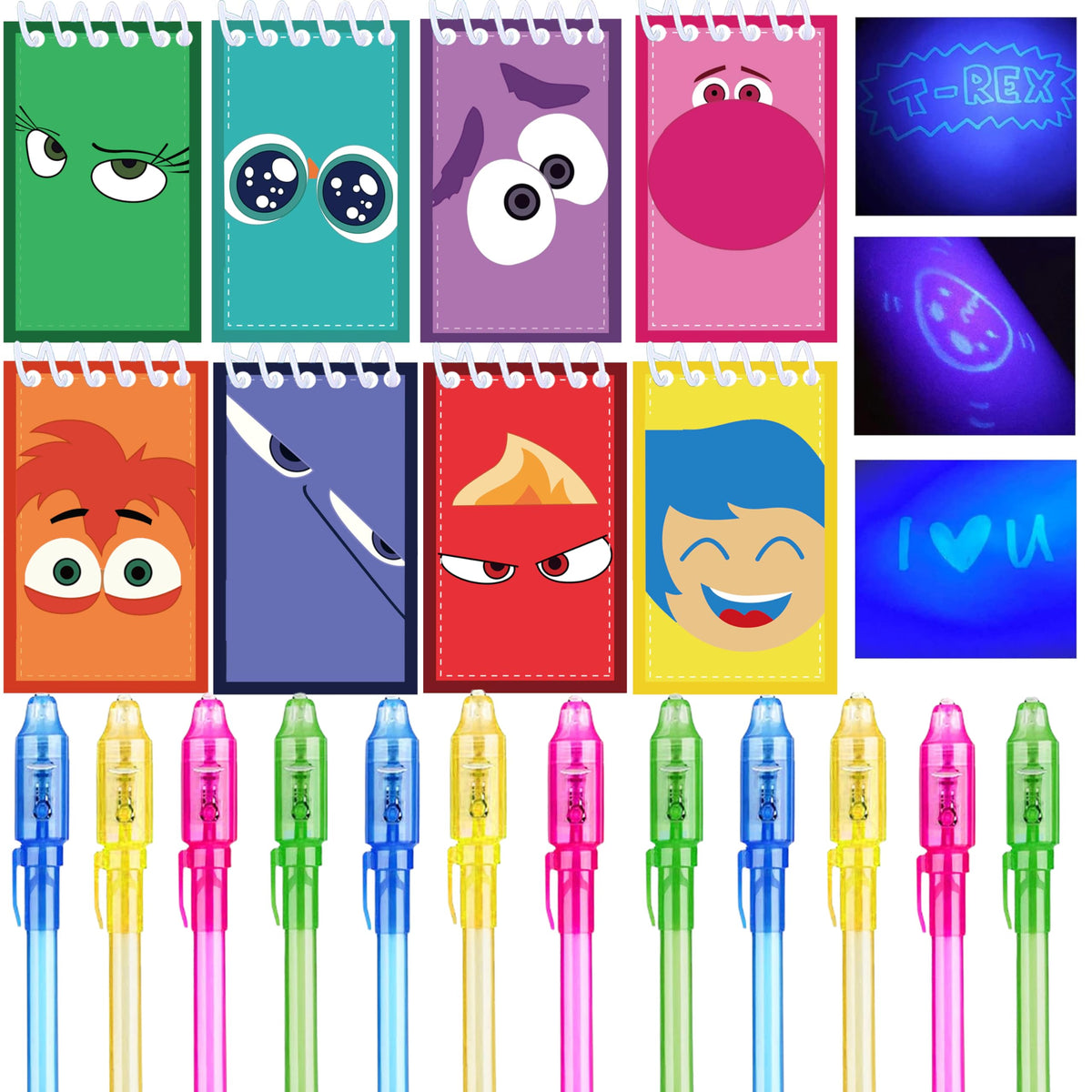 Junyaoii 12 UV Pens and 12 Cartoon Notebooks for Children's Birthday Party Favors, Boy & Girl Party Gift Bag Stuffers, Advent Calendar Birthday Decoration
