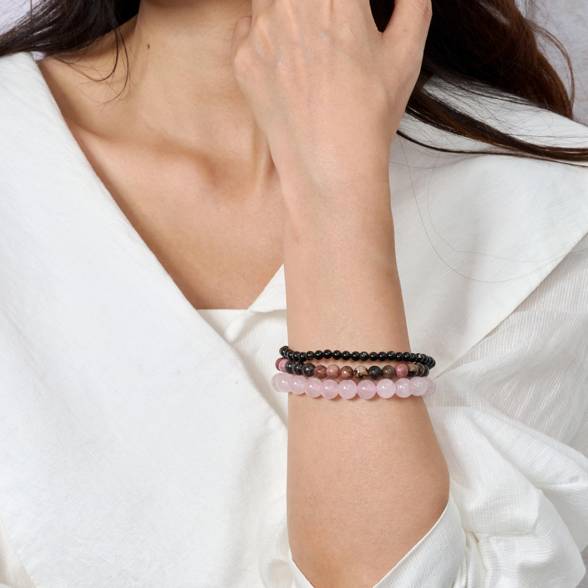 Bivei 3-Piece 4mm Beaded Bracelets for Women – Rhodonite, Rose Quartz, Black Obsidian – Handmade Natural Crystal Stretch Elastic Jewelry for Meditation, Yoga, Protection Gifts