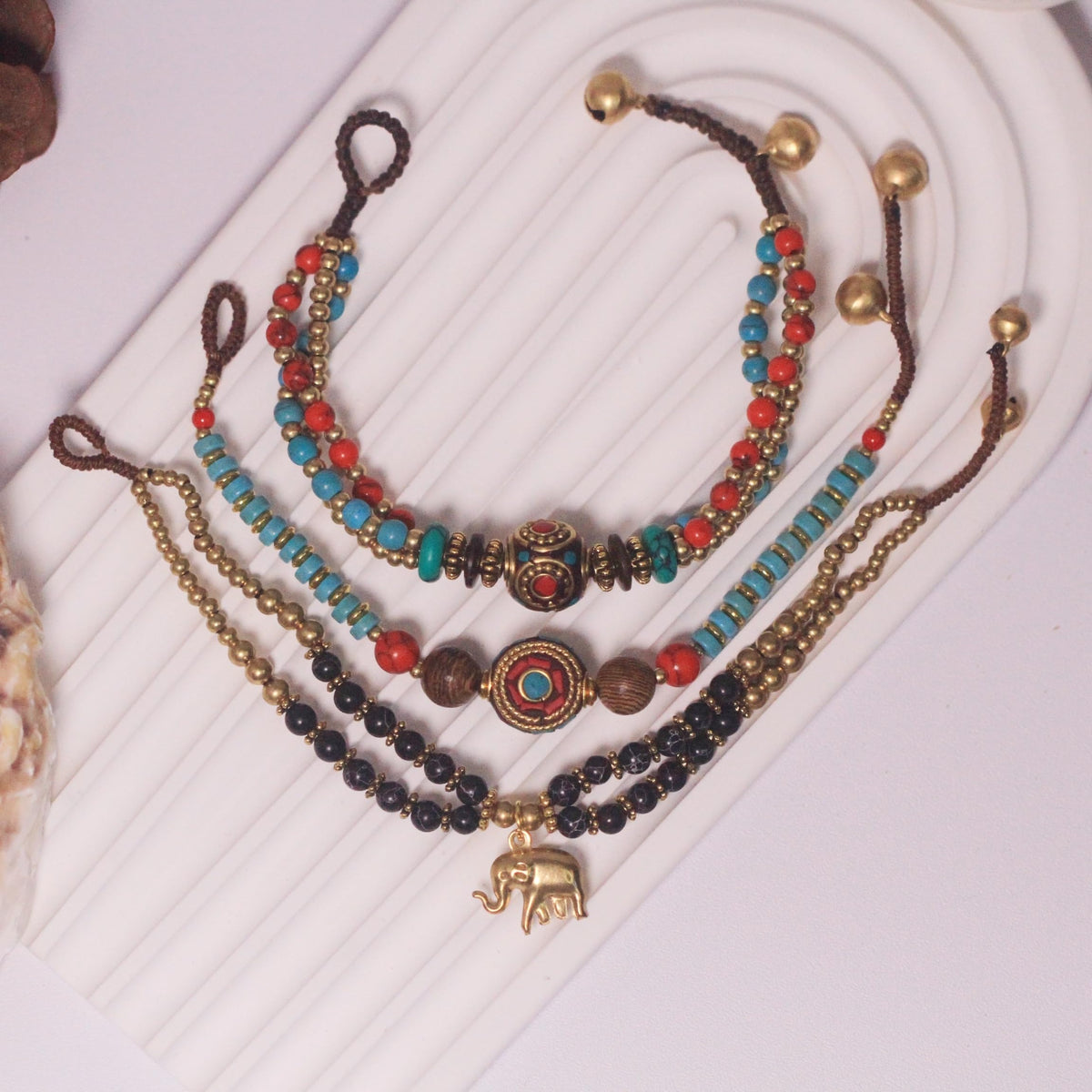 Petite Adjustable Boho Bracelet for Small Wrists - Handmade Nepalese Buddhist Prayer Bracelet with Elephant Charm, Brass Bell, Turquoise Stone & Tibetan Mantra Beads, Spiritual Gift (Black, 3Pcs)