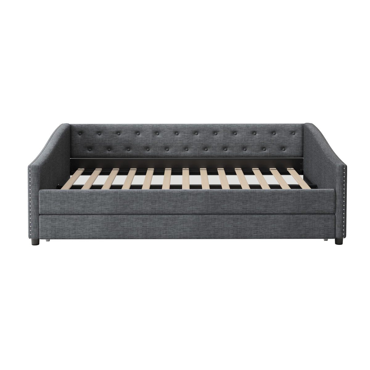 FAVSH Upholstered Daybed with Trundle, Full Size Day Bed w/Button-Tufted Back and Piping on Waved-Shape Arms for Bedroom or Guest Room, No Box Spring Required, Dark Gray