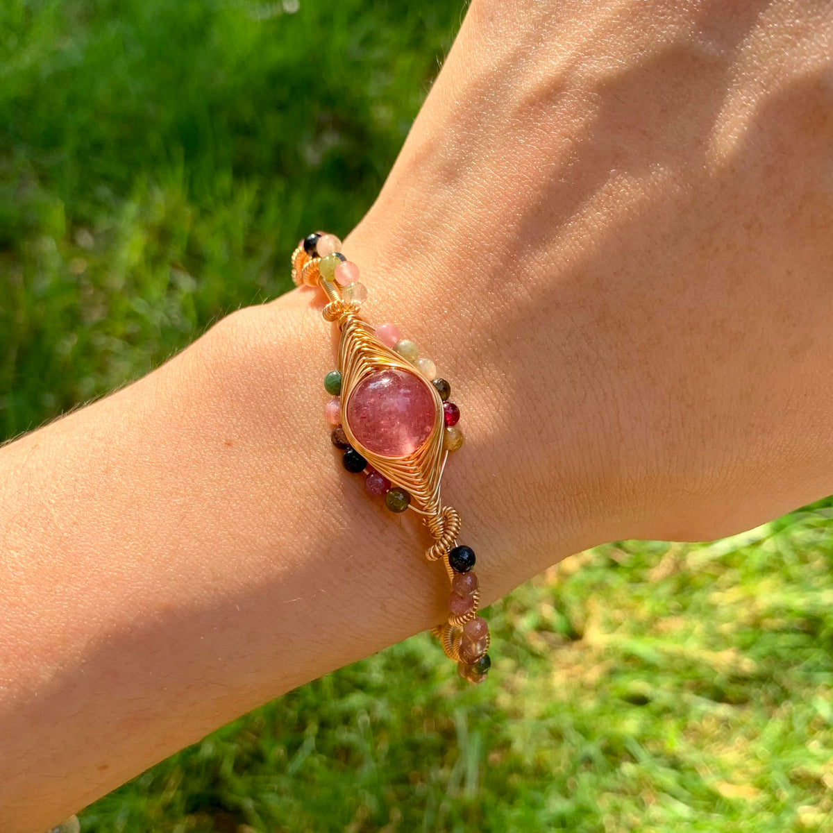 Handmade Genuine Strawberry Rose Quartz& Rainbow Tourmaline Beads 14k Gold Filled Wire Wrapped Bracelet, Birthstone Chakra Healing Gemstone Crystal Adjustable Bangle Cuff Jewelry Gift for Women