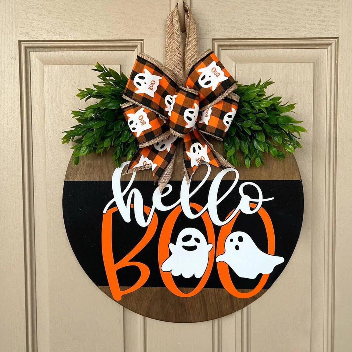 Halloween Ghost Wreath, Wooden Halloween Ghost Door Sign Wreath Decorations for Front Door Hanger
