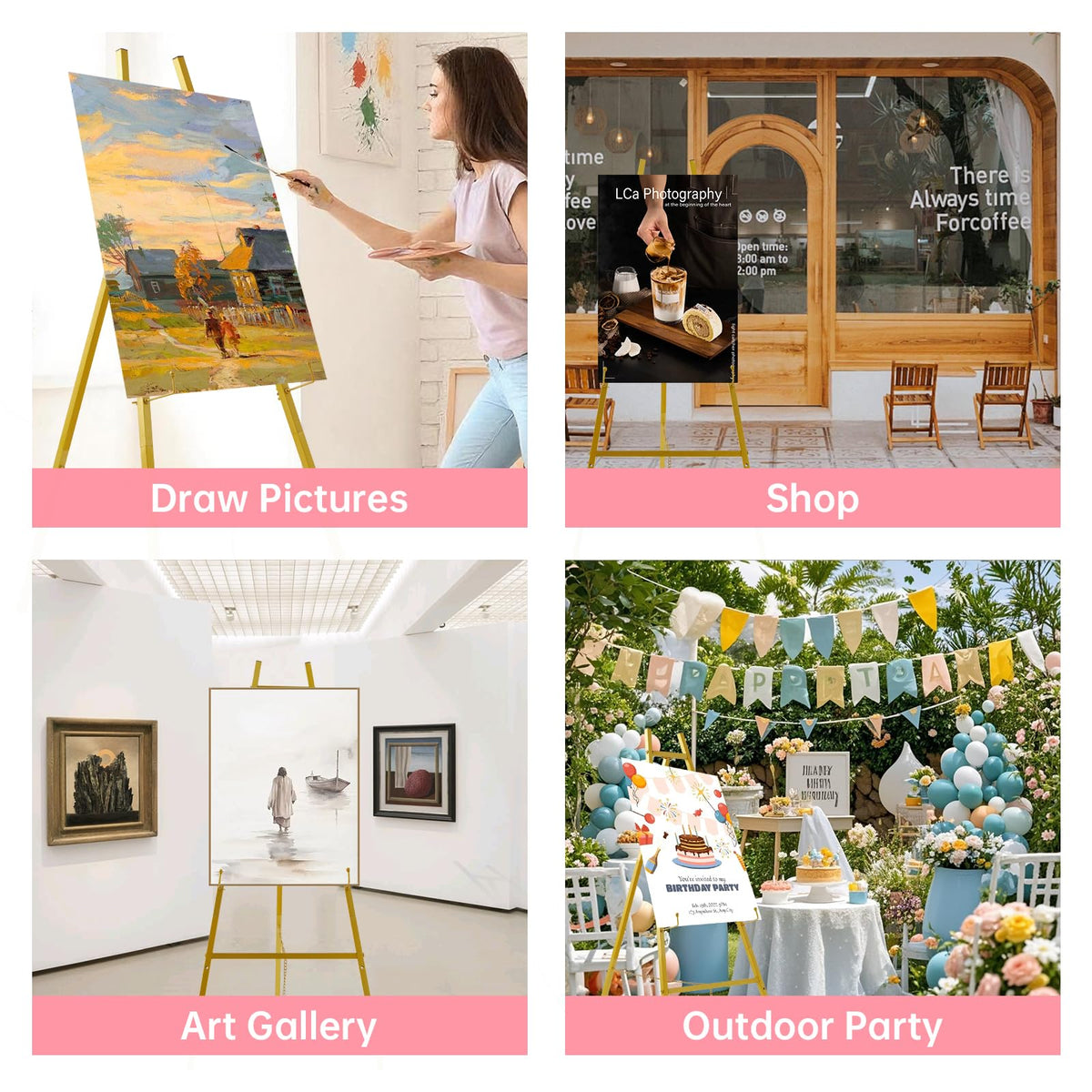 Fatilin 43.5" Gold Easel Stand for Sign, Heavy Duty Easel 4-Tier Adjustable Metal Floor Display Easel for Wedding Signs, Welcome Signs, Posters, Mirrors, Pictures, Art, Parties & Paintings