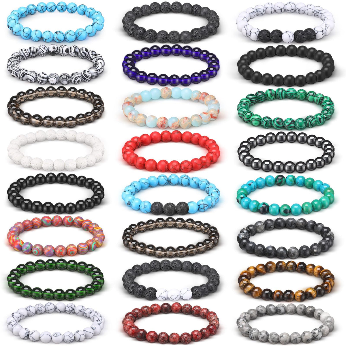 Landical 24 Pcs 8mm Gemstones Beaded Bracelets for Men Women Stretch Round Bead Bracelets Set Healing Crystal Stone Bracelets Semi Precious Bracelets (Classic)