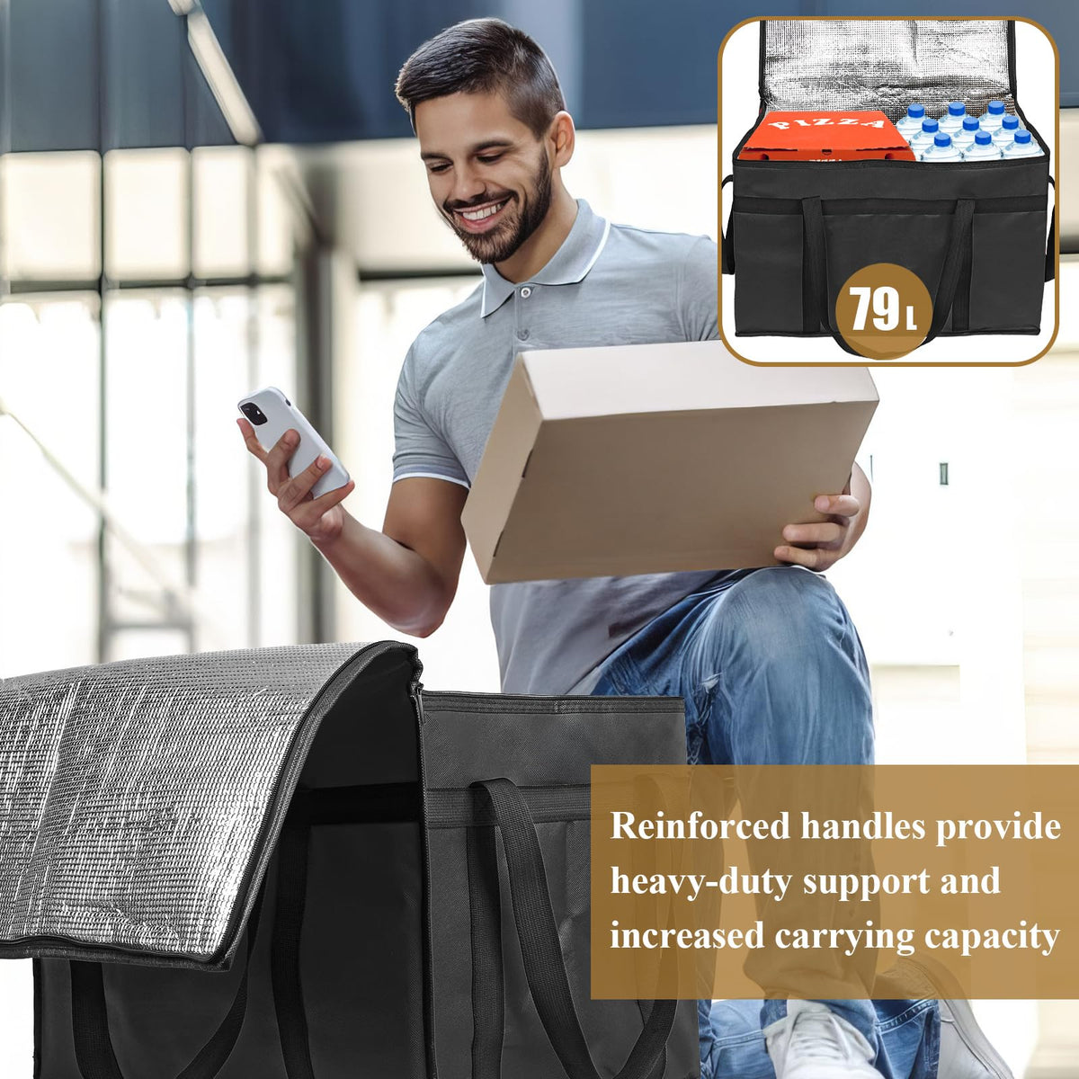 PEASUG Insulated Bags for Food Delivery, XXXL Pizza Delivery Bags, Large Capacity Cooler Bag Keep Food Warm for Grocery Shopping and Catering, Foldable, Heavy-Duty (Black)