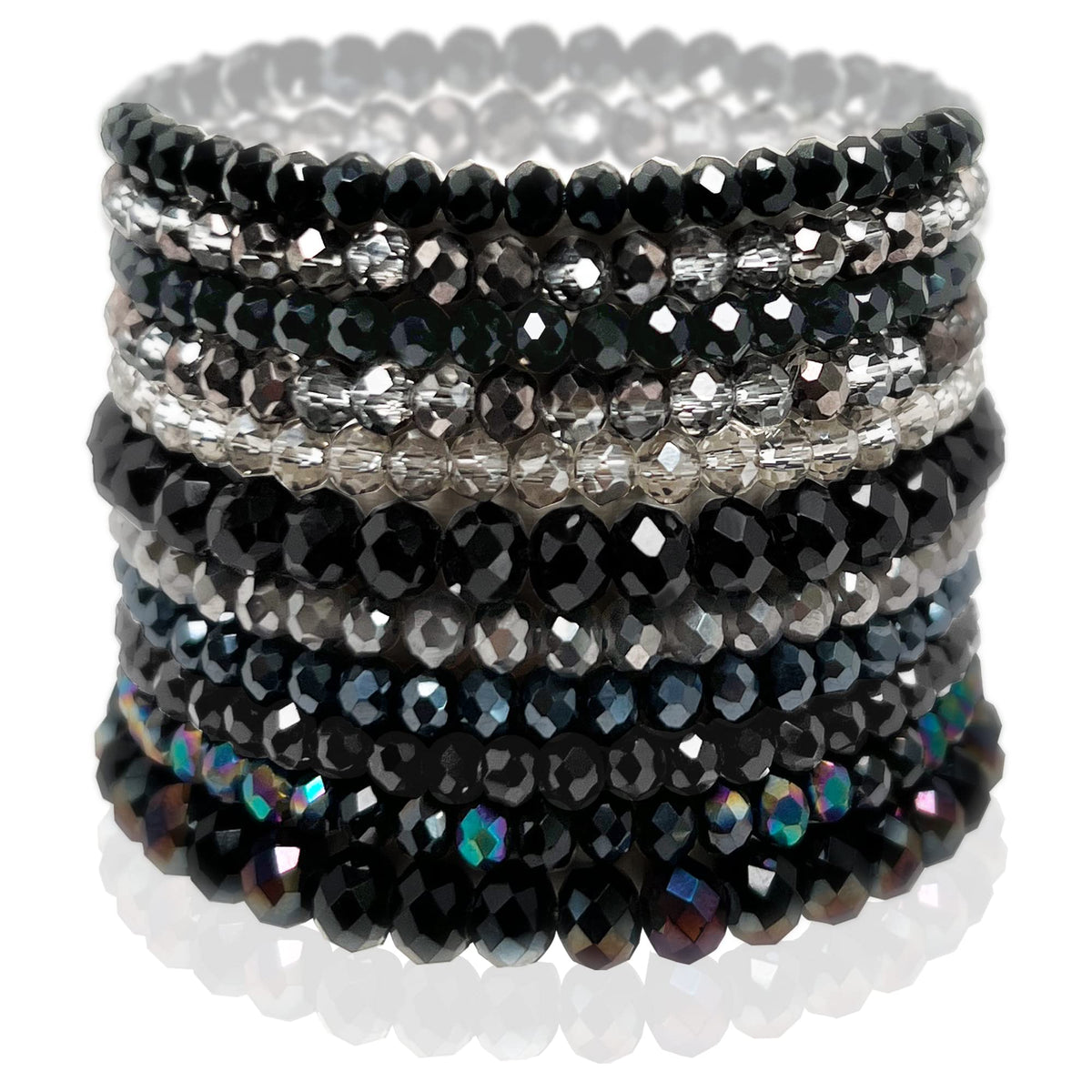 CATCHY & CRAFTY Bracelet Crystal Stretch Stackable Layering Colorful Statement Bracelets Women Glass Beaded Boho Friendship Handmade Bridal Gift (Black Diamond)