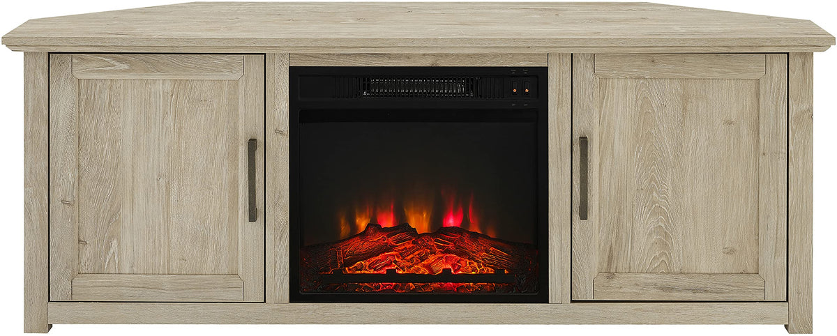 Crosley Furniture Camden Corner Fireplace TV Stand for 65+ inch TVs, Entertainment Center with Storage Shelves, Frosted Oak