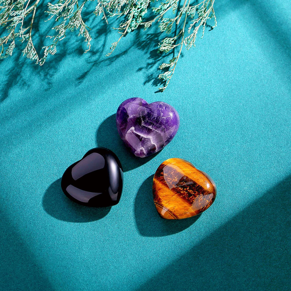 QINJIEJIE 3 PCS 1.2" Large Heart Crystals Amethyst Obsidian Tigers Eye Natural Healing Crystal Heart Shape Love Stones Polished Thumb Gemstones Therapy Reiki Energy Balancing Gifts