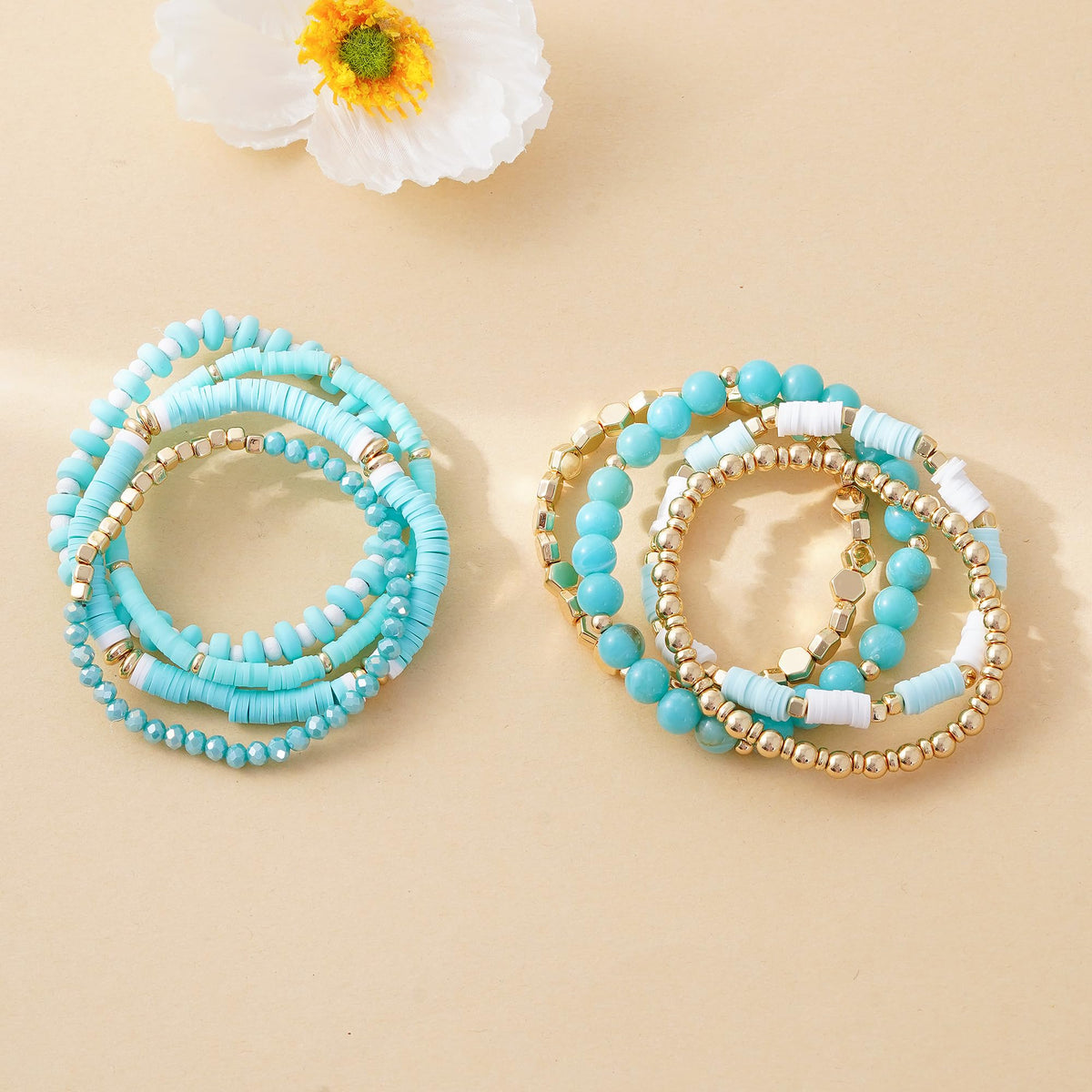 GOOJIDS Surfer Heishi Clay Bead Bracelets for Women Bohemian Stackable Gold Plated Beaded Stretch Bracelets Elastic Layering Friendship Bracelets Set Boho Jewelry
