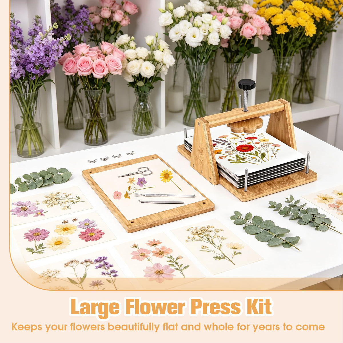 Bemoauty Flower Pressing Kit for Adults and Teens, 6 Layers Wood Flower Press 11.8" x 8", Flower Preservation Kits with 6 Sponge Sheet, Drying Plates and 24 Lining Papers, DIY Art & Crafts Gift