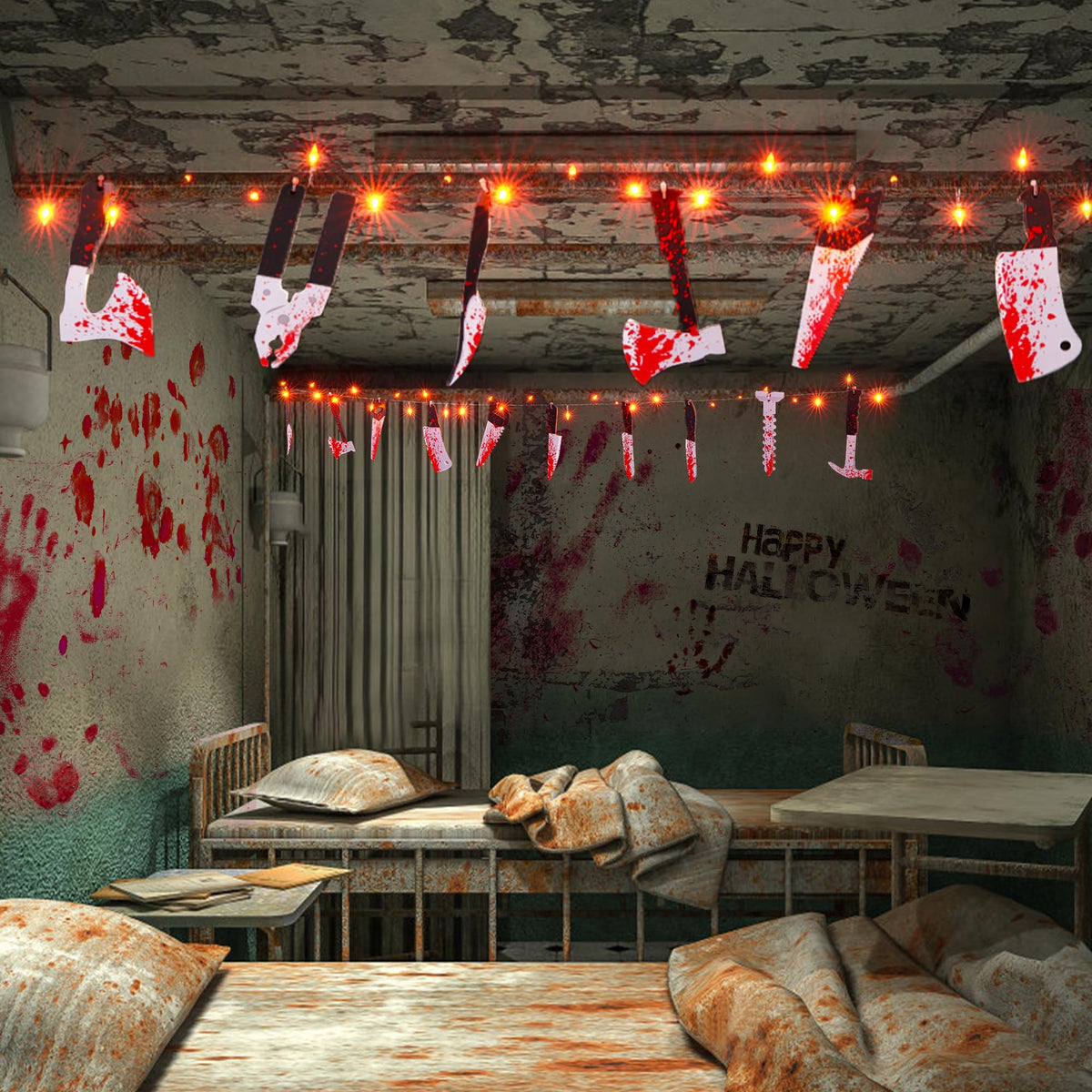 BlcTec Scary Halloween Decorations, 12 FT Halloween String Lights with 16 Fake Bloody Knives & 50 LED Orange Big Bulbs, 8 Modes Battery Operated Bloody Party Supplies for House Décor