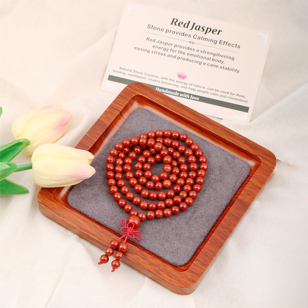 AD Beads 6mm 108 Prayer Mala Red Jasper Elastic Bracelet - Stone Provides Calming Effects - Handmade Yoga Meditation Healing Power Energy Gifts for Unisex Adult.