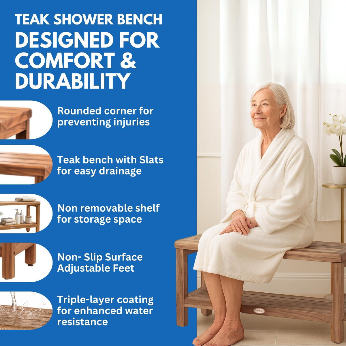 EcoDecors Teak Shower Bench with Large Storage Shelf 36", 300 lb Capacity – Waterproof Bathroom Seat with Non-Slip Feet, Elegant Natural Teak Finish, Ideal for Adults, Seniors, & Spa-Style Bathrooms