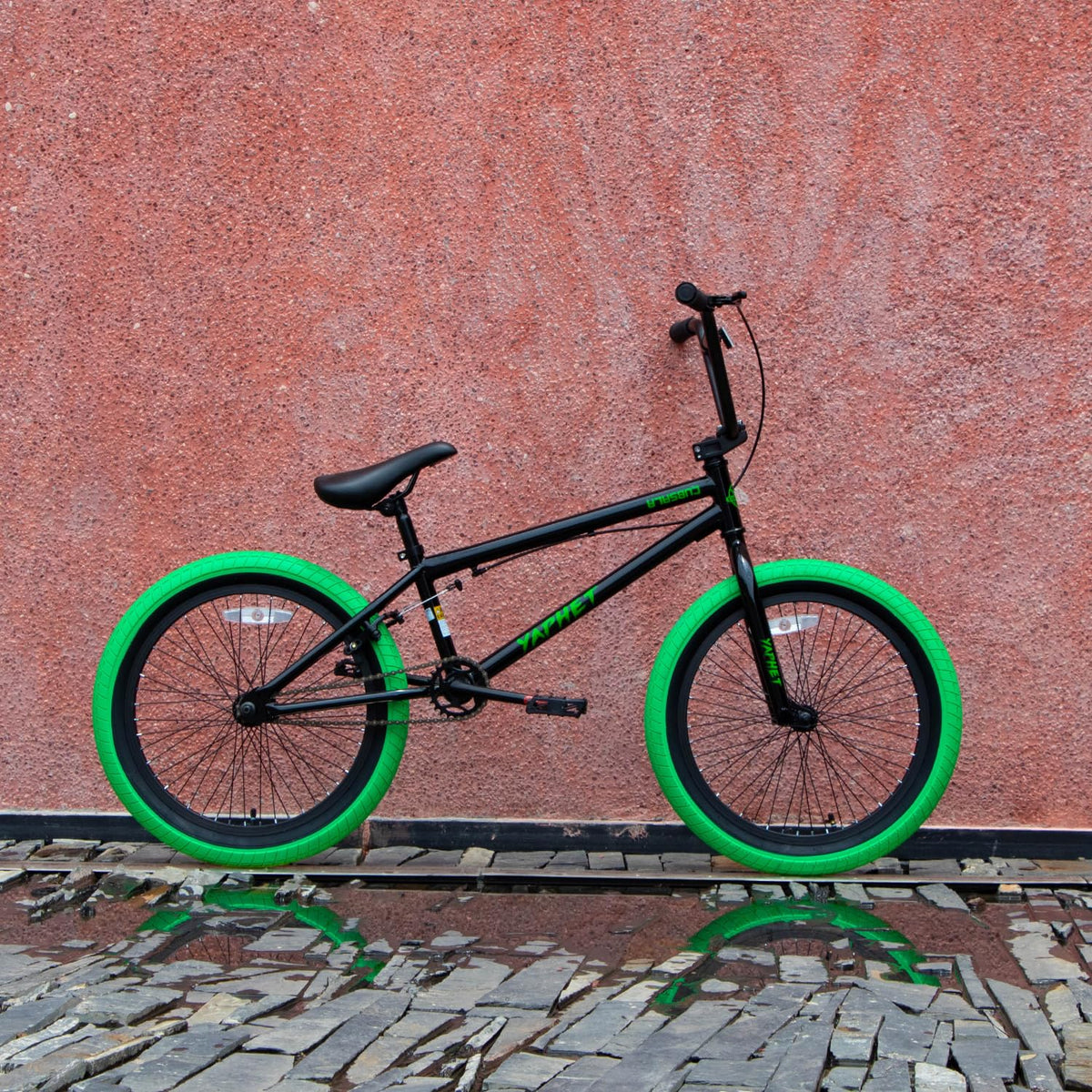 cubsala Freestyle BMX Bike, 20 Inch Yaphet Bicycle for Teen Beginner and Adult Riders, Bike with Hi-Ten Steel Frame, Black with Green Tires