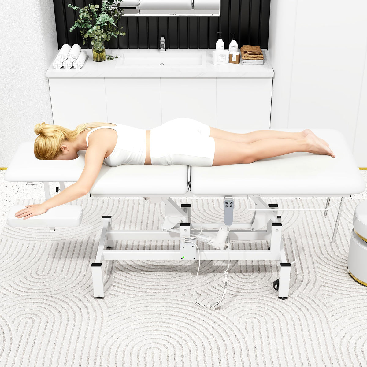 Dolonm 2 Motors Electric Massage Table, Hydraulic Electric Lift Adjustable Waist and Height Lifting Functions for Treatment, Physical Therapy, Spinal Massage, Facial Spa, Waxing, Tattooing - White