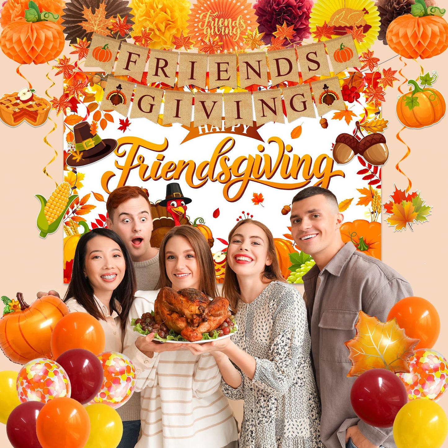 Friendsgiving Decorations - Autumn Thanksgiving Party Supplies Include Happy Friendgiving Backdrop,Honeycomb Centerpiece,Pom Poms and Pumpkin Balloons