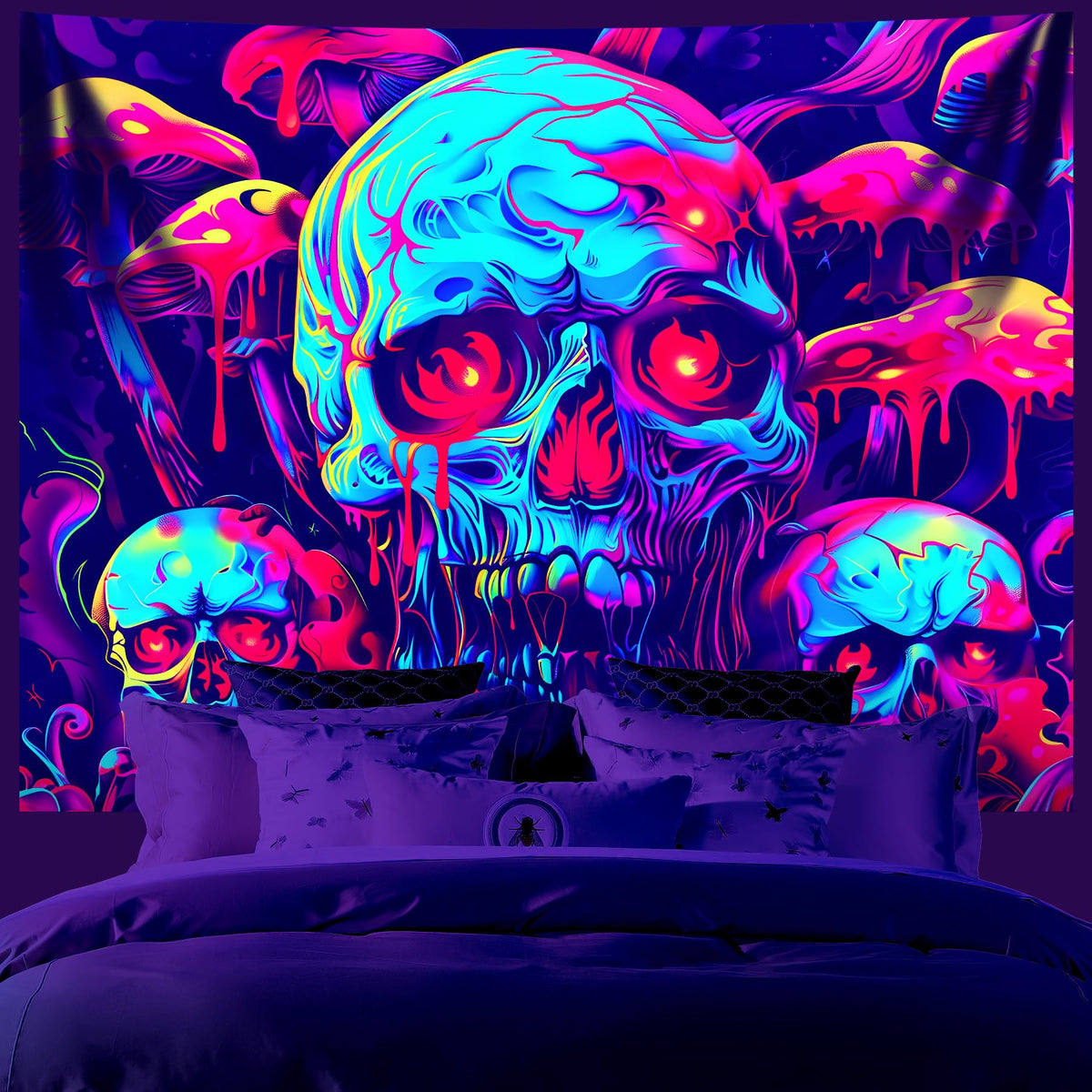 AOHMPT Blacklight Skeleton Tapestry - 79x59in UV Reactive Halloween Tapestry, Neon Melting Skulls Psychedelic Mushroom Wall Hanging, Trippy Glow in The Dark Aesthetic Room Decor for Bedroom